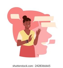 Extrovert behavior and communication skills, psychology and personality characteristics. Happy excited woman speaking with many messages in front of human head silhouette cartoon vector illustration