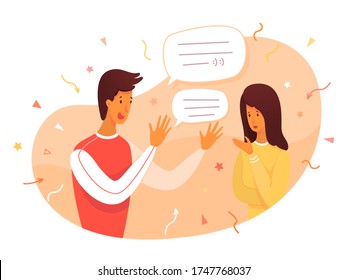 Extrovert individuality. Extroversion man talking with woman, enjoying people conversation. Active temperament, mindset, social connection, psychological comfort concept. Vector character illustration