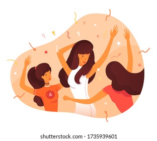 Extrovert individuality. Extroversion woman dancing at party club, entertainment with people. Active temperament, mindset, social connection, psychological comfort concept. Vector illustration