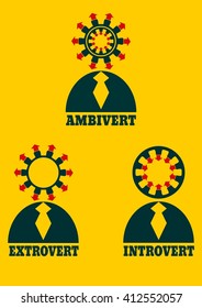 Extrovert, introvert and ambivert simple icon metaphor. image relative to human psychology