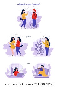 Extrovert and introvert personality types, flat vector isolated illustration. Communicative and shy, alone characters, extraverted and introverted mindset people. Extroversion, introversion.