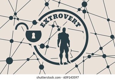 extrovert simple icon metaphor. image relative to human psychology. muscular man in the locked circle. Molecule And Communication Background. Connected lines with dots.