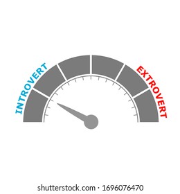 Extrovert vs introvert illustration. Image relative to human psychology. Level scale with arrow. The measuring device icon. Sign tachometer, speedometer, indicators. Infographic gauge element.