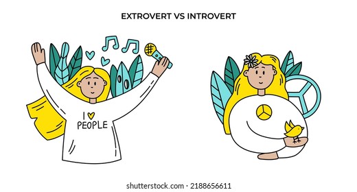 Extrovert vs introvertiert. Persönlichkeitsart. Persönlichkeitsmerkmale. Geisteshaltung. Junge Frauen doodlen Vektorgrafik auf weißem Hintergrund. 