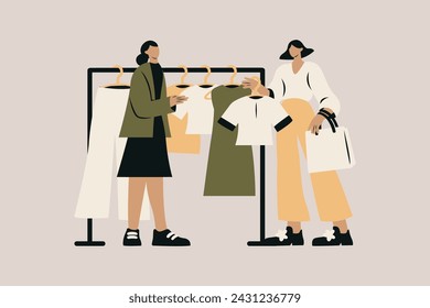 Extroverted Woman Shopping with Her Friend Vector Illustration