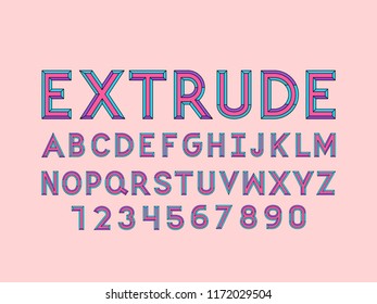 Extrude font. Vector alphabet letters and numbers. Typeface design. 
