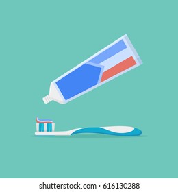 Extrude toothpaste from tube on toothbrush. Dental care. Flat style vector illustration.