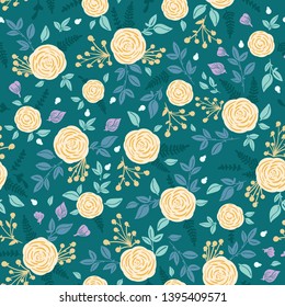 Exuberant blooms roses fabric pattern. Seamless pattern with yellow roses and fresh blue grass on a dark background. Fabric pattern for cloth, textile, decoration.