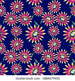 Exuberant Bold Daisy Flowering seamless vector pattern. Hand painted tropical flowers decorative background. Floral botany backdrop design. Bright summer fashion print, textile, web wallpaper pattern