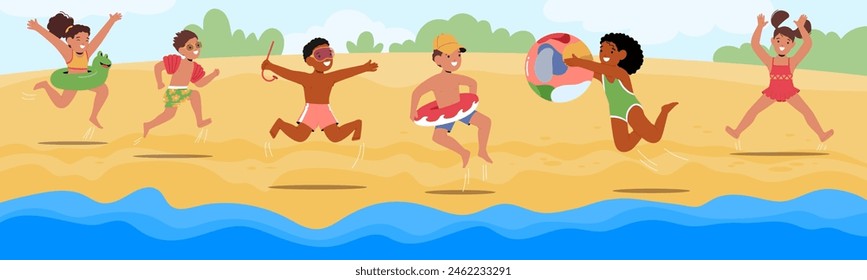 Exuberant Children Enjoy A Sunny Day At The Beach, Jumping And Playing With Inflatable Rings And Beach Balls. Cartoon Vector Scene Captures Essence Of Childhood Summer Fun, With Laughter And Activity