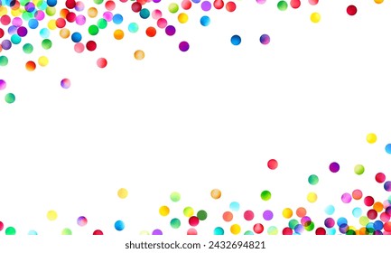 An exuberant display of glossy, multicolored confetti dots dispersed on a bright white background, perfect for joyful celebrations.