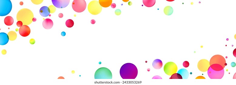 An exuberant display of glossy, multicolored confetti dots dispersed on a bright white background, perfect for joyful celebrations.