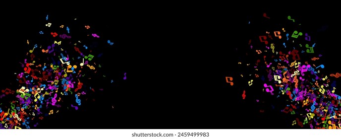 An exuberant explosion of music notes in rainbow colors against a black backdrop, symbolizing the vibrant diversity of musical expression.