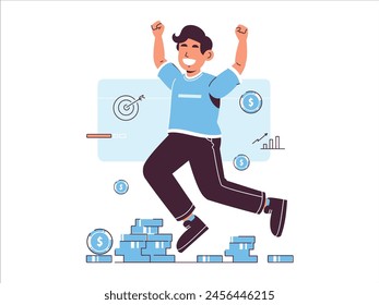 An exuberant illustration of a young man joyously celebrating financial success, depicted with him leaping above a pile of coins and bills.