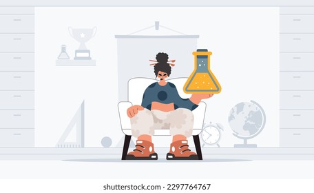 Exuberant lady holding chemical carafe, learning point. Trendy style, Vector Illustration