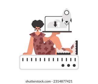 The exuberant lady is holding a obliging workstation, which is synchronized with the information capacity. Kept. Trendy style, Vector Illustration