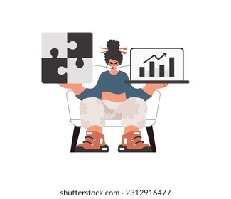 The exuberant lady is holding a overwhelm and a positive progress chart. Thought collect work. Kept. Trendy style, Vector Illustration