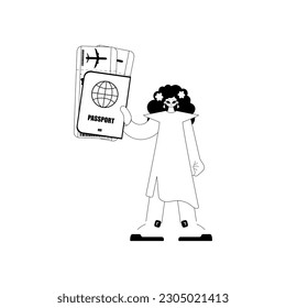 The exuberant lady is holding a visa with dialog about tickets. Tourism subject. Despairing and white line craftsmanship. Trendy style, Vector Illustration