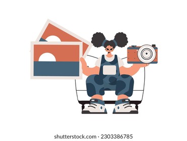 The exuberant lady holds a camera and photographs in his hands. Pulled back on white foundation. Trendy style, Vector Illustration