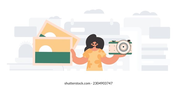 The exuberant lady holds a camera and photographs in his hands. The concept of rest and travel. Trendy style, Vector Illustration