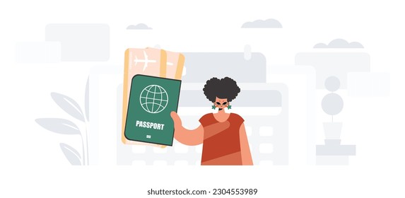 The exuberant lady holds a visa and see at tickets in his hands. The concept of rest and travel. Trendy style, Vector Illustration