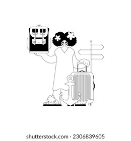 Exuberant lady With a traveler rucksack in his hands. Tourism point. Dim and white lineart. Trendy style, Vector Illustration