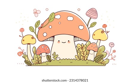 An exuberant mushroom with its arms lifted in celebration, surrounded by a fantastical forest