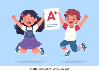 Exuberant schoolchildren leap with joy, clutching a top-graded test. A perfect capture of academic triumph and youthful spirit. Vector kids illustration. Back to school theme.