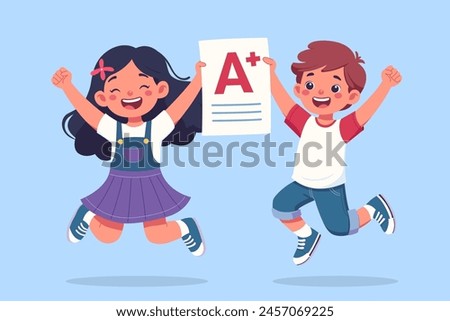 Exuberant schoolchildren leap with joy, clutching a top-graded test. A perfect capture of academic triumph and youthful spirit. Vector kids illustration. Back to school theme.