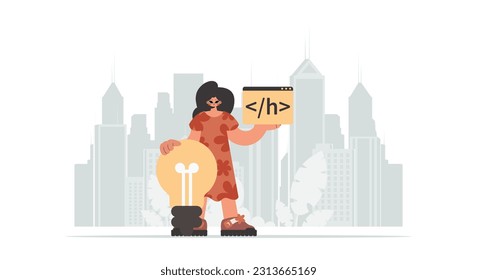 The exuberant woman is holding a browser window with a programming picture, and to boot standing near a colossal light bulb. Trendy style, Vector Illustration