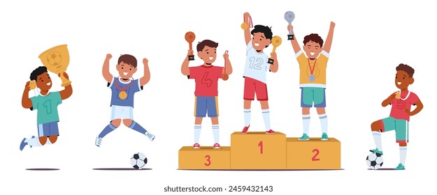 Exuberant Young Football Players Celebrate Victory On A Podium, Showcasing Medals And Trophies, Kids Embodying Team Spirit And Achievement In Youth Soccer Competitions. Cartoon Vector Illustration