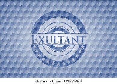 Exultant blue emblem or badge with abstract geometric polygonal pattern background.