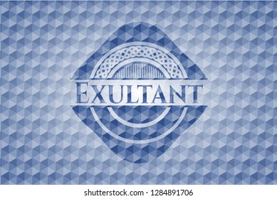 Exultant blue hexagon emblem.