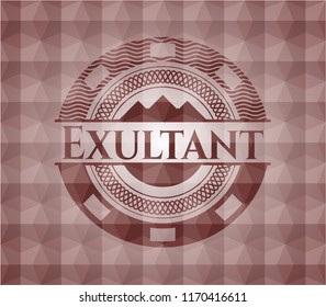 Exultant red emblem with geometric pattern background. Seamless.