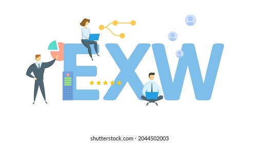 EXW, Ex funktioniert. Konzept mit Schlagwort, Menschen und Symbolen. Flache Vektorgrafik. Einzeln auf Weiß.