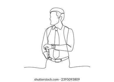 Exwcutive man waiting for go to office. Daily activity minimalist concept. 
Vector, single continuous line.