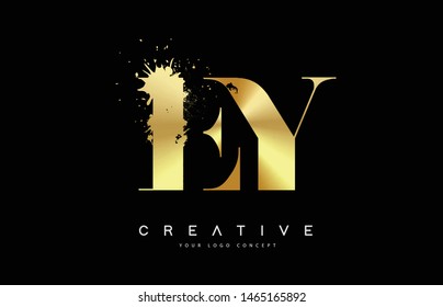 EY E Y Letter Logo with Gold Melted Metal Splash Vector Design Illustration.