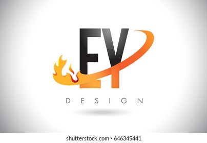 EY E Y Letter Logo Design with Fire Flames and Orange Swoosh Vector Illustration.