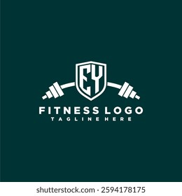 EY initial monogram for fitnes or gym logo with creative shield and barbell design
