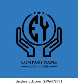 EY initials held within hands, symbolizing trust and protection. The circle represents unity, while stars highlight excellence and ambition.