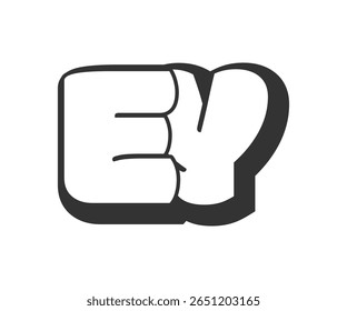 Logotipo da EY, letras cômicas de bolha, arredondado em estilo graffiti silhueta em preto e branco. Texto de letra E e Y da pré-escola para a festa do festival, iniciais pessoais, impressão funky das crianças e web