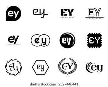 EY logo company template. Letter e and y logotype. Set different classic serif lettering and modern bold text with design elements. Initial font typography. Collection trendy business identity.