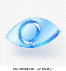 Eye 3d icon blue transparent glass material with subtle glow, representing vision, insight, security, or observation. Isolated on a transparent background. Vector illustration.
