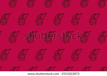 eye with 8 ball pool, bat wings outline seamless pattern on red background. eye ball billiard with bat wings object illustration pattern background for billiard decoration and merchandise 