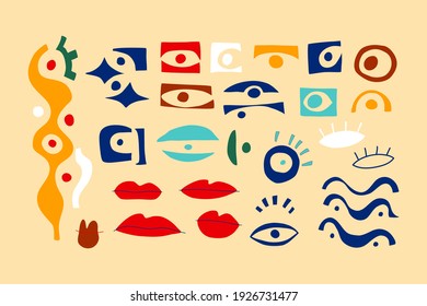 Eye abstract collection, geometric shapes in contemporary style. Vector set with look, eyes, lips in modern collage style. Abstract shapes hand drawn illustration. Colorful trendy background. Isolated