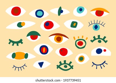 Eye abstract collection, geometric shapes in contemporary style. Vector set with look, eyes in modern collage style. Abstract shapes hand drawn illustration. Colorful trendy background. Isolated.