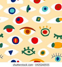 Eye abstract pattern with geometric shapes in contemporary style. Vector greek seamless pattern with look, eyes in modern collage style. Abstract shapes background. Colorful hand drawn illustration.