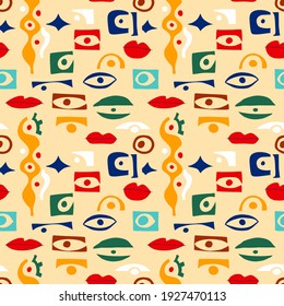 Eye abstract pattern with geometric shapes in contemporary style. Vector greek seamless pattern with look, eyes in modern collage style. Abstract shapes background. Women hand drawn illustration.