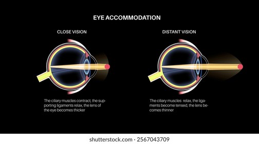 Eye accommodation infographic. Close and distant vision. Retina and sclera, ciliary muscle are contracted and relaxed, rounded and flattened lens. Objects at different distances vector illustration