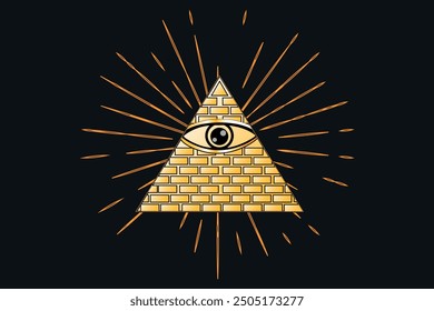 Eye of All Vision. Illuminated pyramid triangle with golden sun rays. Golden Illuminati, golden eye, esotericism